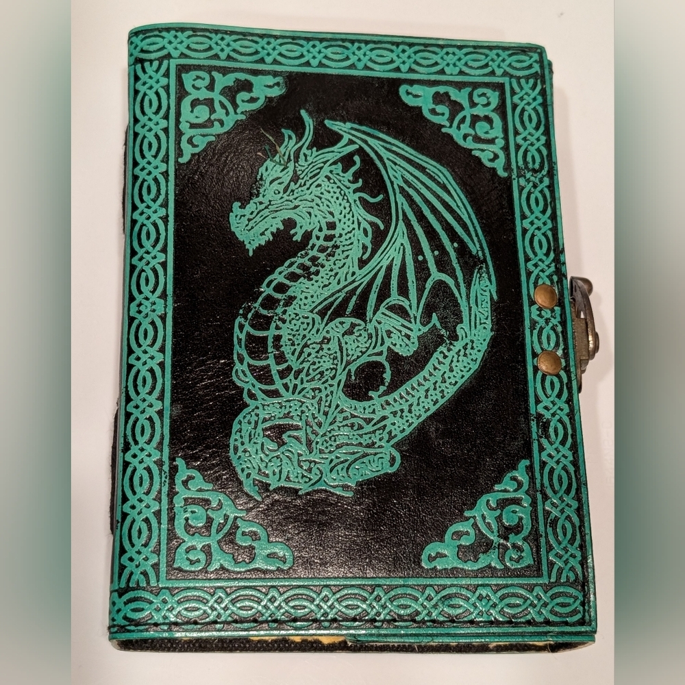 Blank Journal Green Dragon Embossed Leather 5x7 Aged Handmade Paper NIB